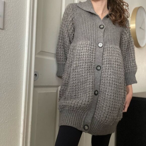 Stella Mccartney Chunky Alpaca Wool‎ Cardigan Sweater Dress Buttoned Sz 44 Grey - Picture 4 of 6